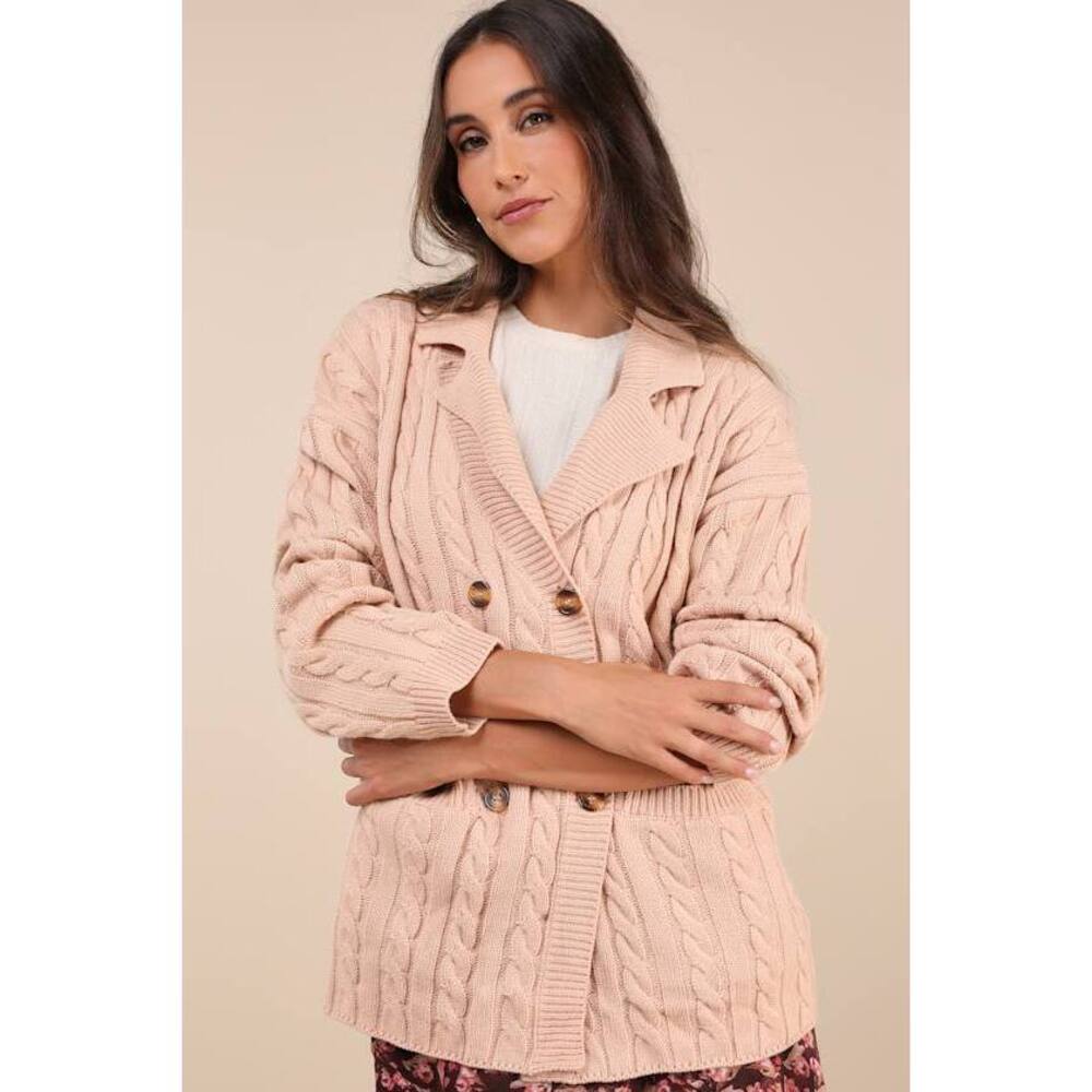 Lulus Majorly Comfy Beige Cable Knit Double Breasted Cardigan Sweater - Size S